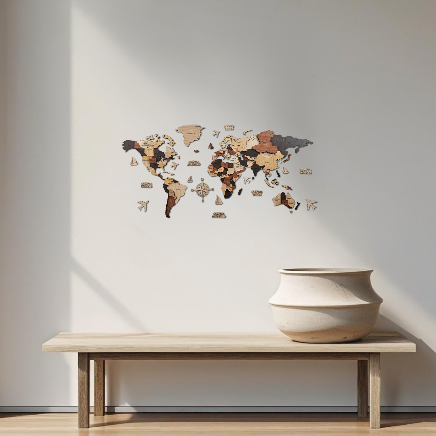 Mapa del mundo color madera oscura 100 x 50 cm