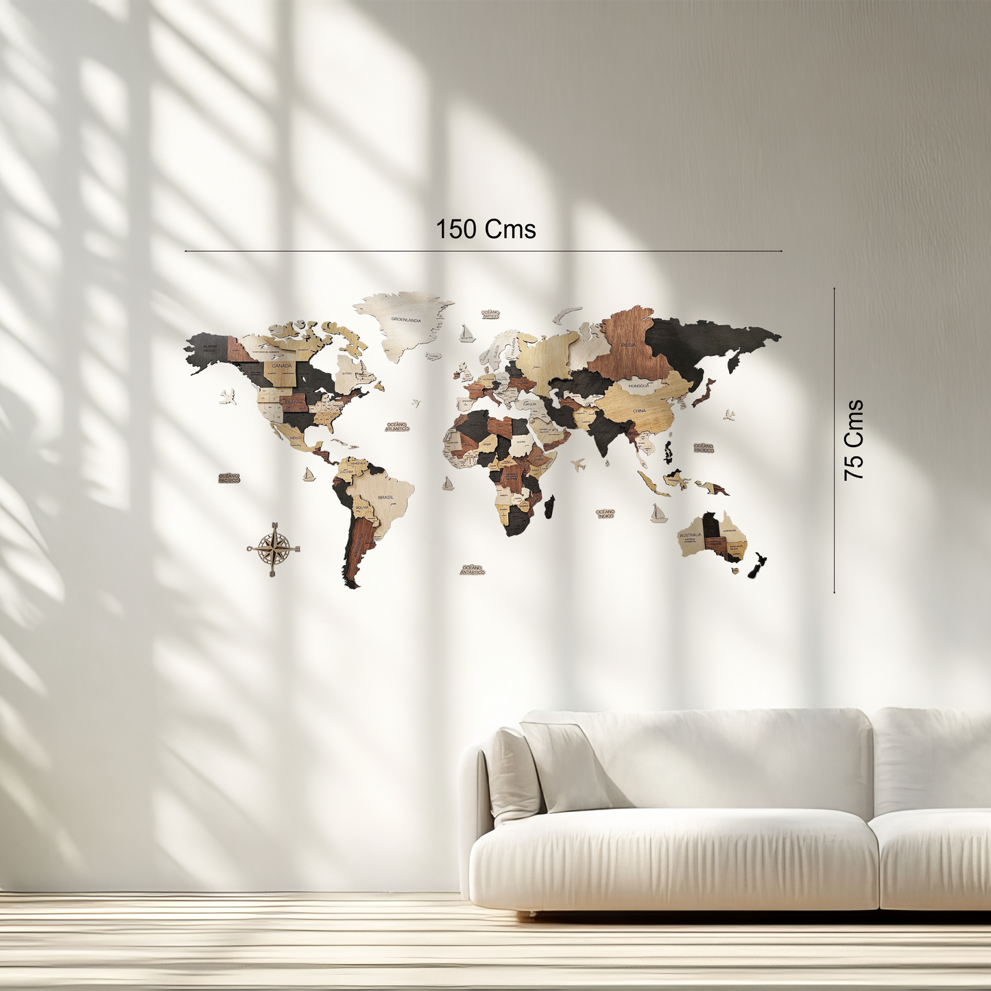 Mapa del mundo color madera oscura 150 x 75 cm