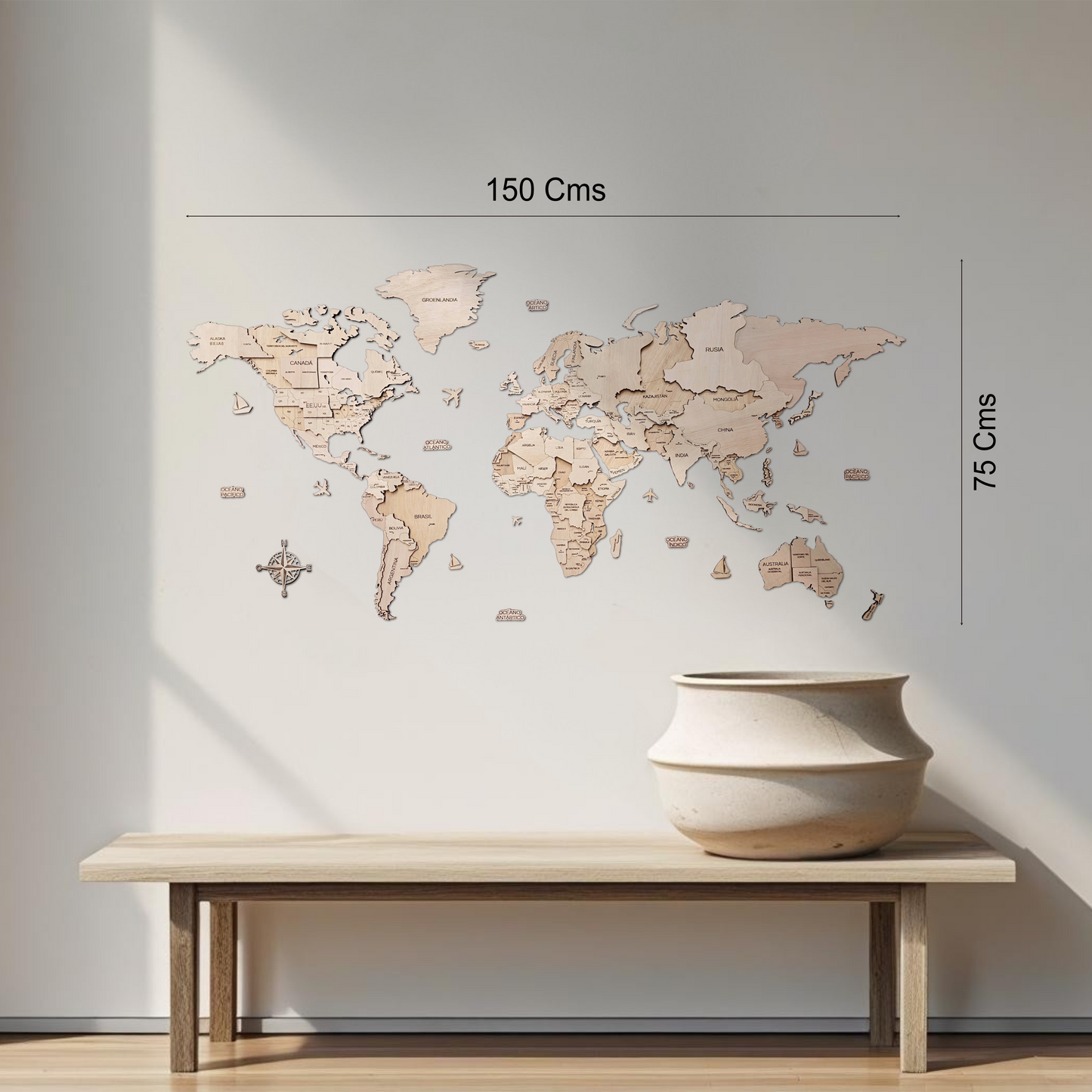 Mapa del mundo color natural 150 x 75 cm