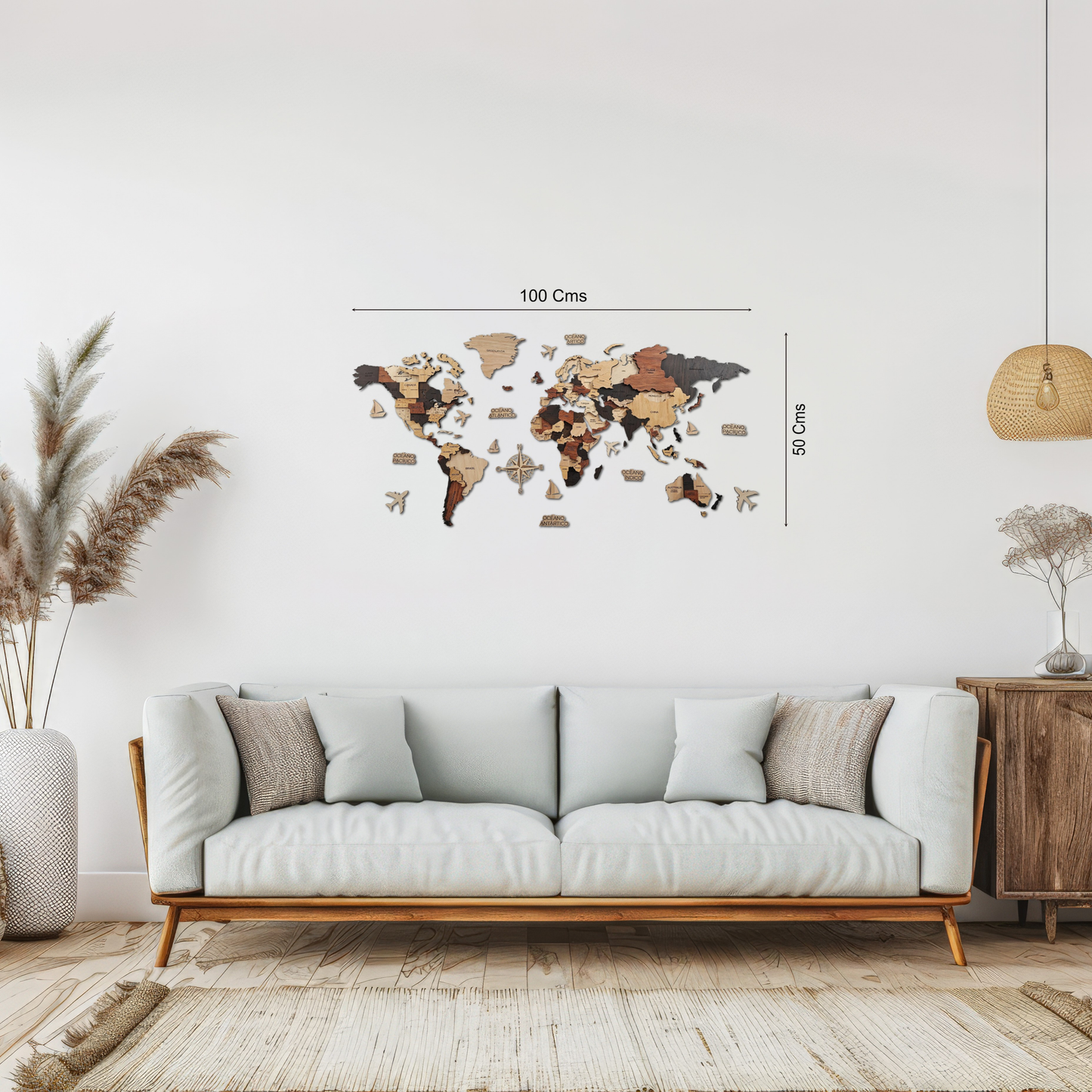 Mapa del mundo color madera oscura 100 x 50 cm
